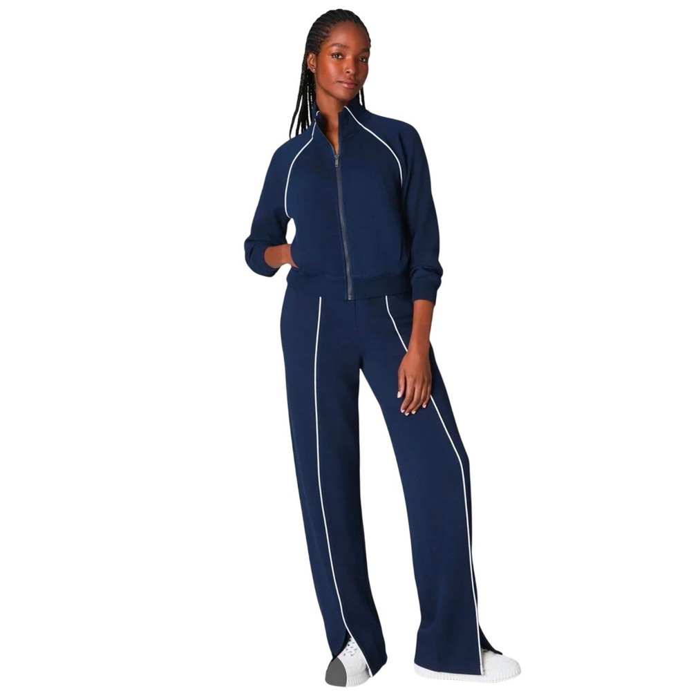 Spanx AirEssentials Tracksuit Set Navy Blue Full Zip Jacket Wide Leg Pants M